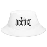 White bucket hat with The Occult Black embroidered artwork, front view