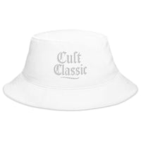 White bucket hat with Cult Classic White Gen X embroidered artwork, front view