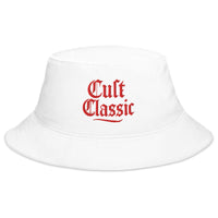 White bucket hat with Cult Classic Red Gen X embroidered artwork, front view