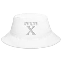 White bucket hat with Gen X Retro embroidered artwork, front view
