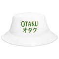 White bucket hat with Otaku オタク Japanese embroidered artwork, front view