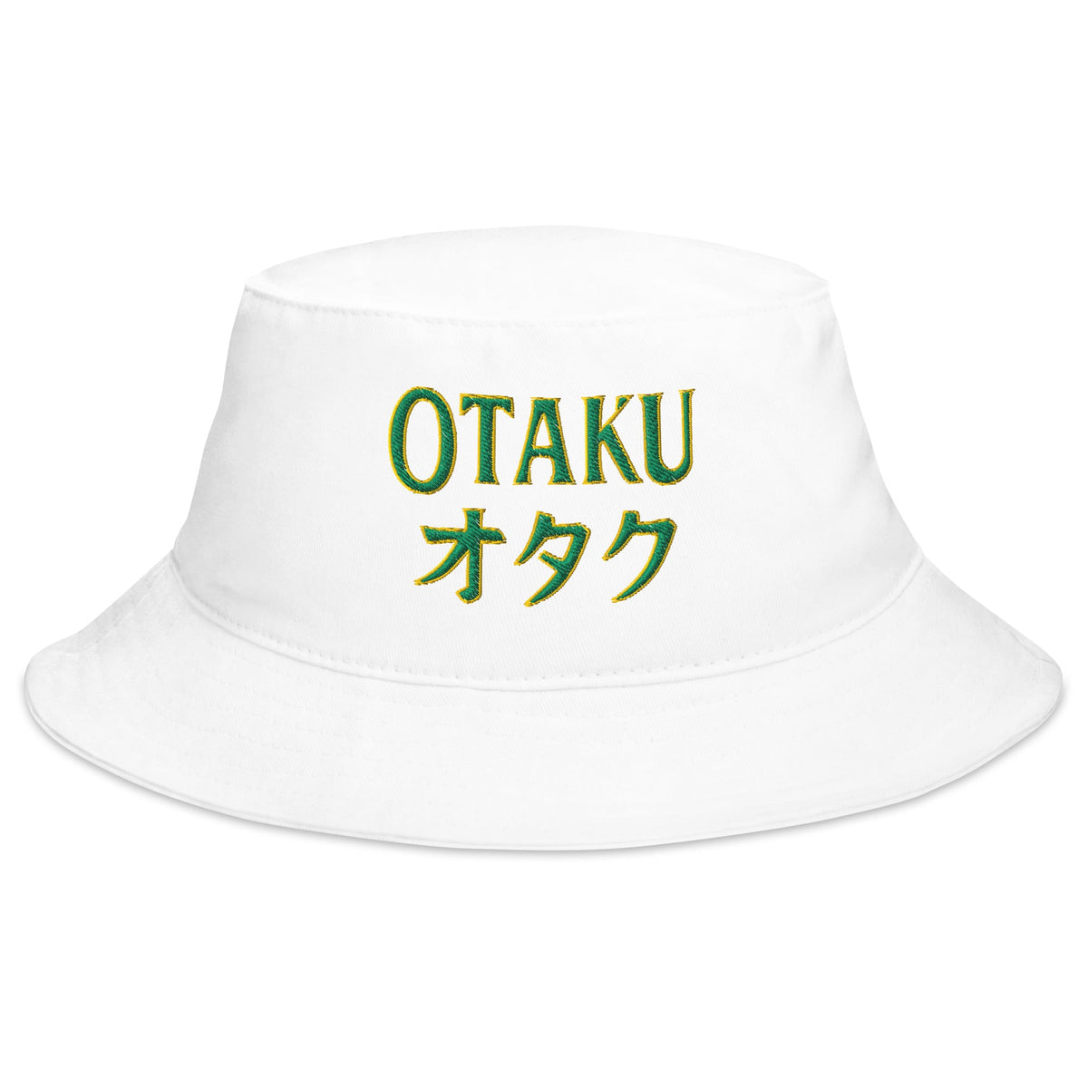 White bucket hat with Otaku オタク Japanese embroidered artwork, front view