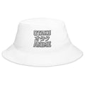 White bucket hat with Otaku オタク Anime embroidered artwork, front view