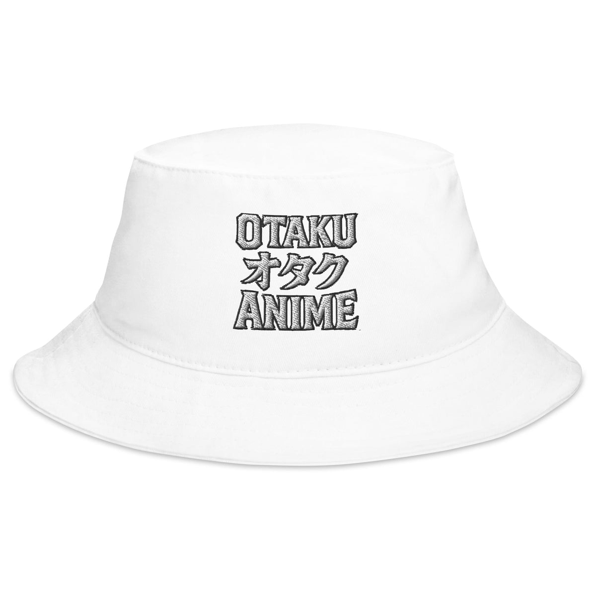 White bucket hat with Otaku オタク Anime embroidered artwork, front view
