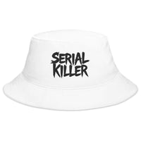 White bucket hat with Serial Killer True Crime embroidered artwork, front view