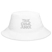 White bucket hat with True Crime Junkie embroidered artwork, front view