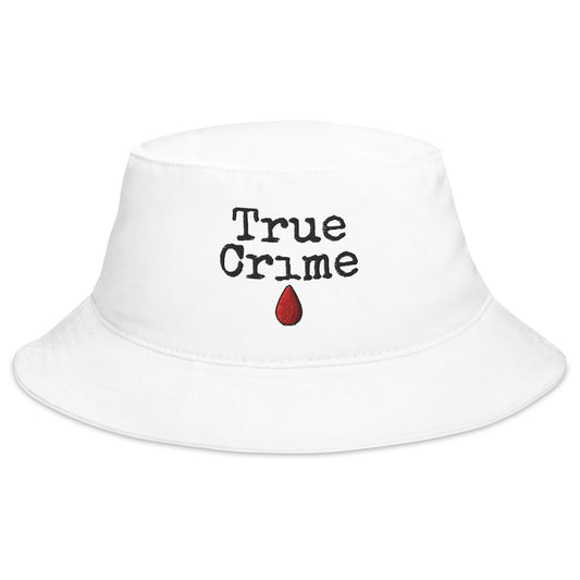 White bucket hat with True Crime Blood Drop embroidered artwork, front view
