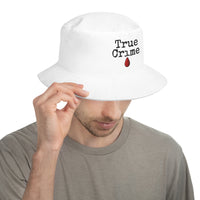 White bucket hat with True Crime Blood Drop embroidered artwork, front view