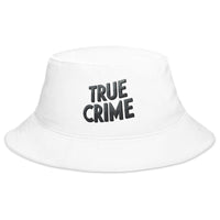 White bucket hat with Detective Style True Crime embroidered artwork, front view