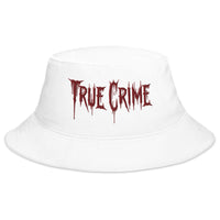White bucket hat with Blood Drip True Crime embroidered artwork, front view