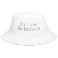White bucket hat with Online Detective True Crime embroidered artwork, front view