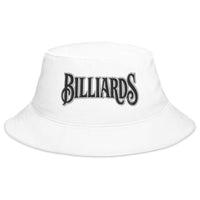 White bucket hat with Billiards Pool Hall embroidered artwork, front view