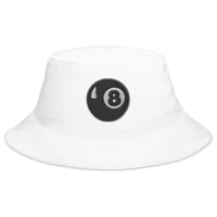 White bucket hat with Black 8 Ball Billiards embroidered artwork, front view
