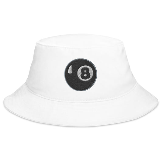 White bucket hat with Black 8 Ball Billiards embroidered artwork, front view