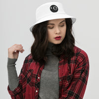 White bucket hat with Black 8 Ball Billiards embroidered artwork, front view