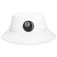 White bucket hat with 8 Ball Billiards embroidered artwork, front view
