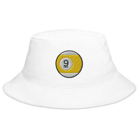 White bucket hat with Nine Ball Line Billiards embroidered artwork, front view