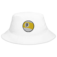White bucket hat with Nine Ball Billiards embroidered artwork, front view
