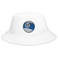 White bucket hat with Ten Ball Billiards embroidered artwork, front view