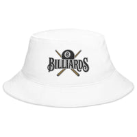 White bucket hat with Billiards 8 Ball embroidered artwork, front view