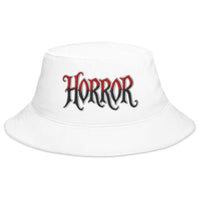 White bucket hat with HORROR True Crime embroidered artwork, front view