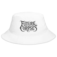 White bucket hat with Future Corpses Horror embroidered artwork, front view