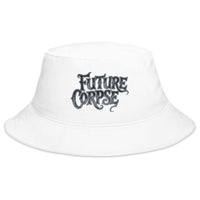 White bucket hat with Future Corpse Horror Funeral embroidered artwork, front view