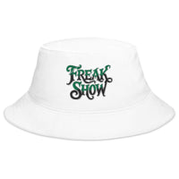 White bucket hat with Freak Show Horror Carnival embroidered artwork, front view