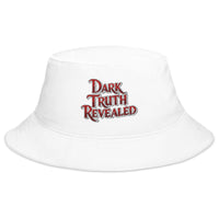 White bucket hat with Dark Truth Revealed True Crime embroidered artwork, front view