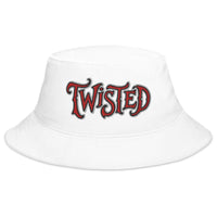 White bucket hat with Twisted Horror Carnival embroidered artwork, front view