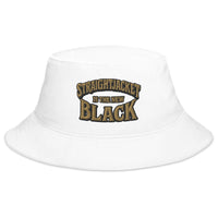 White bucket hat with Straightjacket Is the New Black embroidered artwork, front view