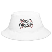 White bucket hat with Morbid Curiosity Horror embroidered artwork, front view