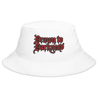 White bucket hat with Drawn to Darkness Horror embroidered artwork, front view
