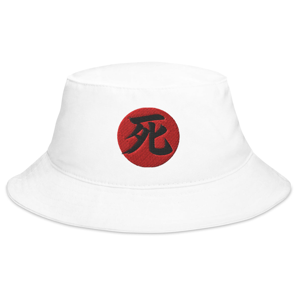 White bucket hat with Death Kanji 死 (Shi) embroidered artwork, front view