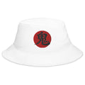 White bucket hat with Demon Kanji 鬼 (Oni) embroidered artwork, front view