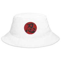 White bucket hat with Endure Kanji 忍 (Nin) embroidered artwork, front view
