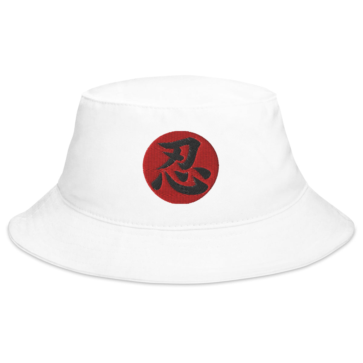White bucket hat with Endure Kanji 忍 (Nin) embroidered artwork, front view