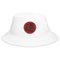 White bucket hat with Luck Kanji 運 (Un) embroidered artwork, front view