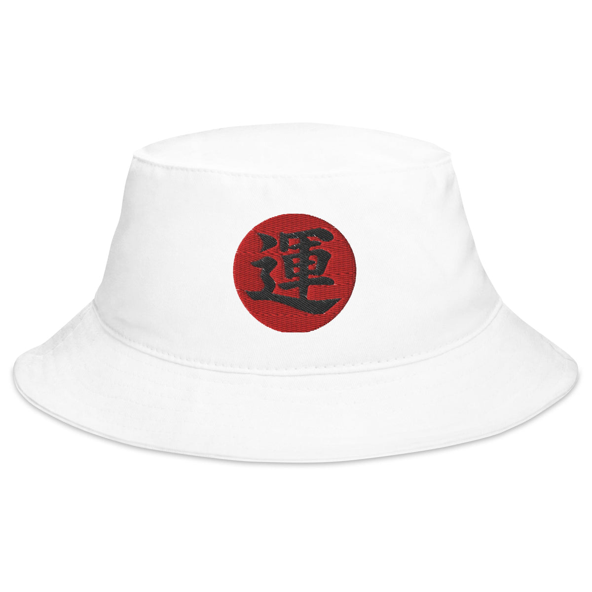 White bucket hat with Luck Kanji 運 (Un) embroidered artwork, front view