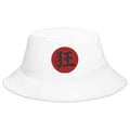 White bucket hat with Madness Kanji 狂 (Kyō) embroidered artwork, front view