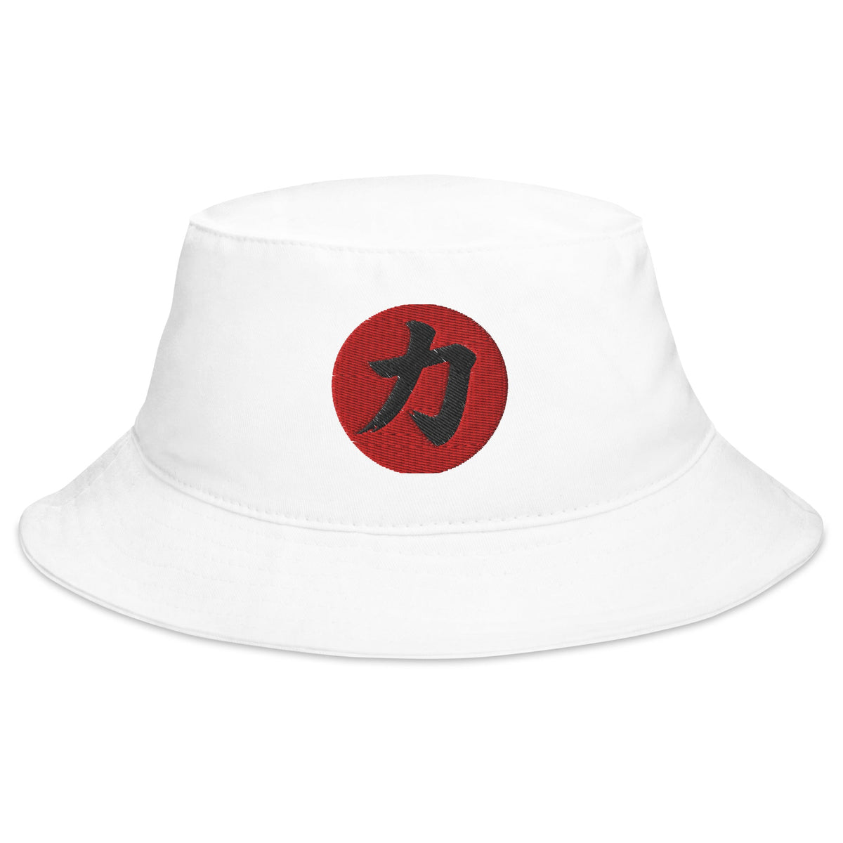 White bucket hat with Power Kanji 力 (Chikara) embroidered artwork, front view