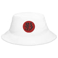 White bucket hat with Shadow Kanji 影 (Kage) embroidered artwork, front view