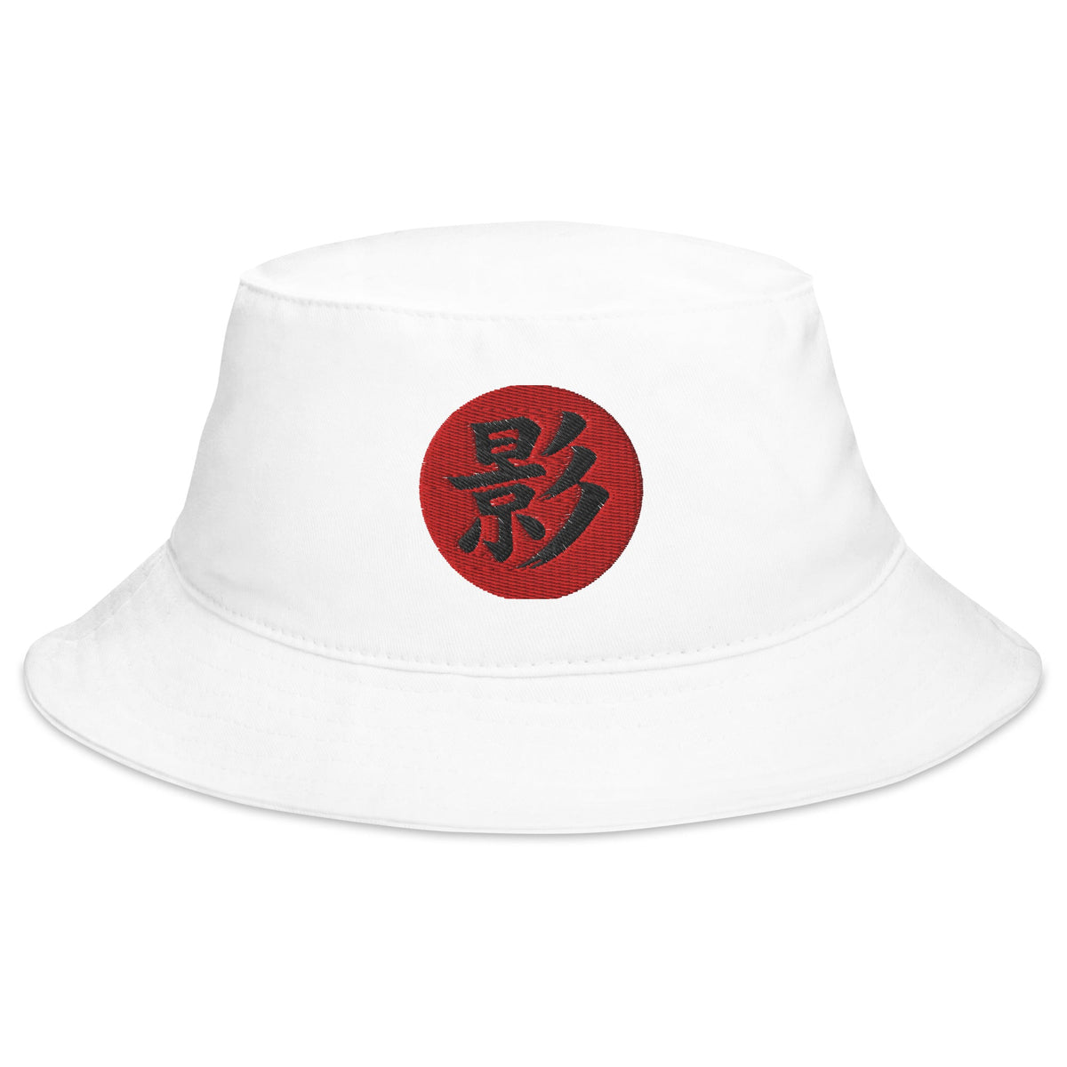 White bucket hat with Shadow Kanji 影 (Kage) embroidered artwork, front view