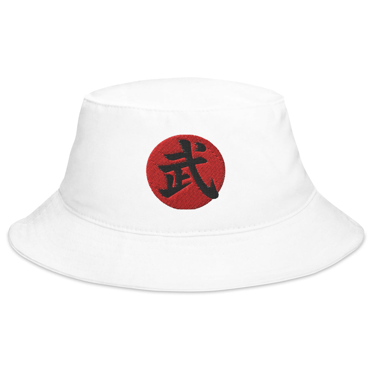 White bucket hat with Warrior Kanji 武 (Bu) embroidered artwork, front view