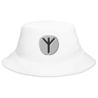 White bucket hat with Algiz Rune embroidered artwork, front view