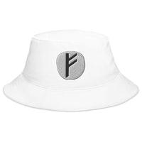 White bucket hat with Fehu Rune embroidered artwork, front view