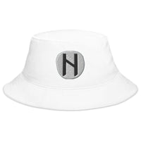 White bucket hat with Hagalaz Rune embroidered artwork, front view