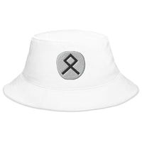 White bucket hat with Othala Rune embroidered artwork, front view