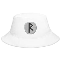 White bucket hat with Raidho Rune embroidered artwork, front view