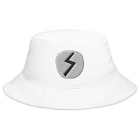 White bucket hat with Sowilo Rune embroidered artwork, front view